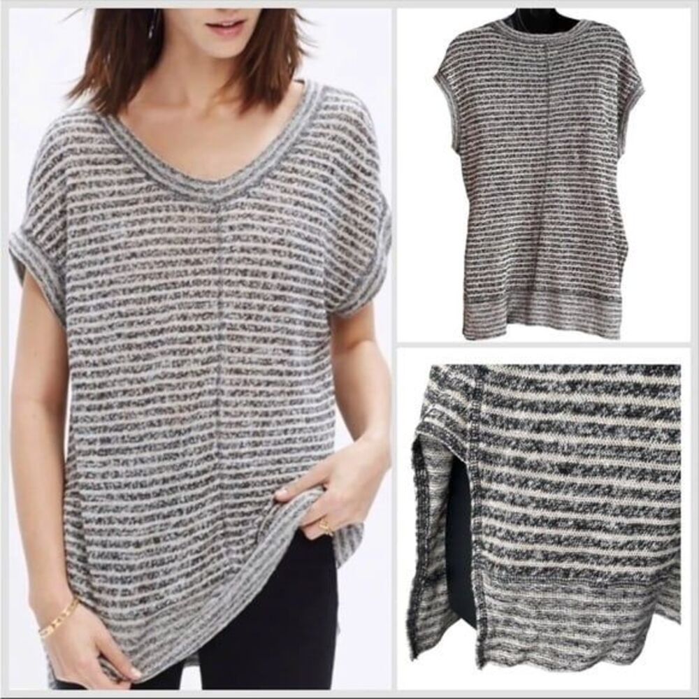 MADEWELL Top Gray Striped Short Sleeve Split Hem Linen Size Small
